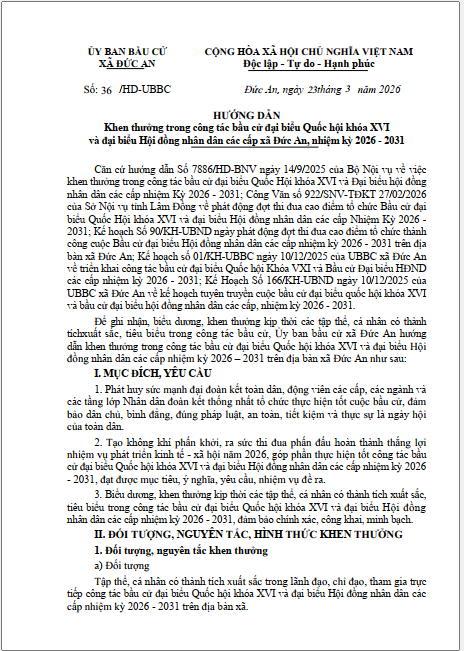 Hướng dẫn Khen thưởng trong công tác bầu cử đại biểu Quốc hội khóa XVI và đại biểu Hội đồng nhân dân các cấp xã Đức An, nhiệm kỳ 2026 - 2031