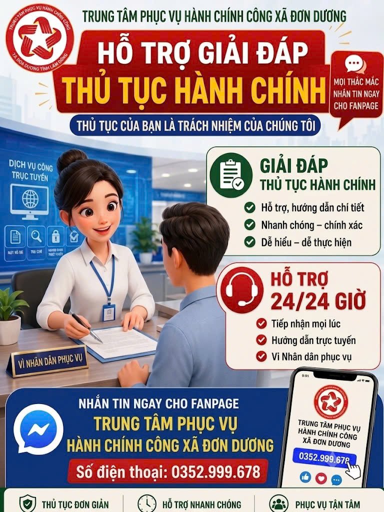 TRUNG TÂM PHỤC VỤ HÀNH CHÍNH CÔNG XÃ ĐƠN DƯƠNG – HỖ TRỢ, GIẢI ĐÁP THỦ TỤC HÀNH CHÍNH, VÌ NHÂN DÂN PHỤC VỤ