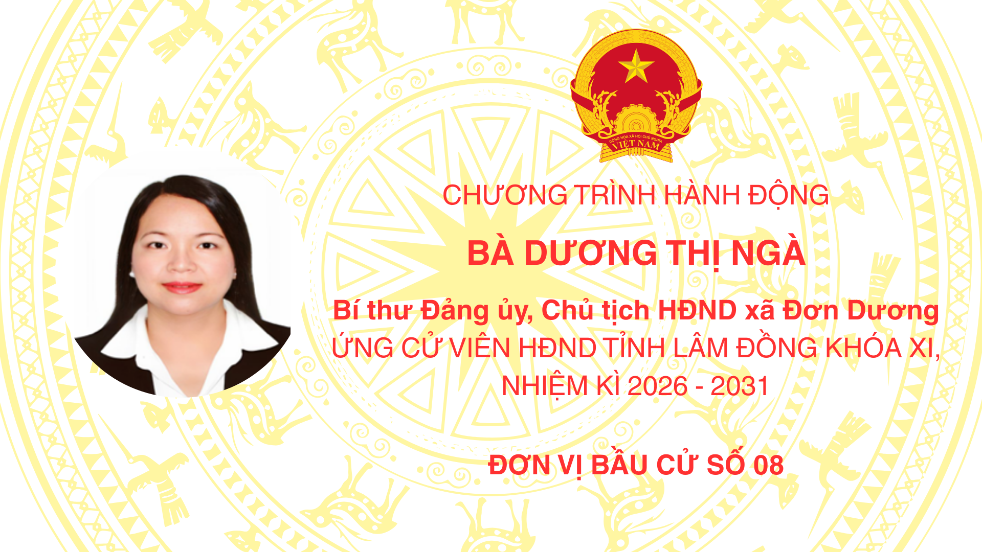 CHƯƠNG TRÌNH HÀNH ĐỘNG CỦA ỨNG CỬ VIÊN ĐẠI BIỂU HĐND TỈNH NHIỆM KỲ 2026 – 2031 CỦA ĐỒNG CHÍ DƯƠNG THỊ NGÀ