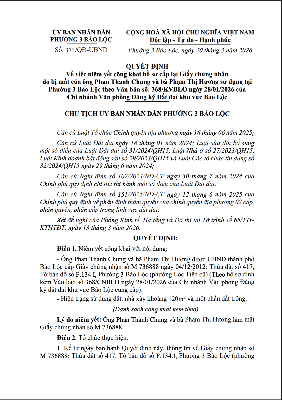 Quyết định về việc niêm yết công khai hồ sơ cấp lại Giấy chứng nhận do bị mất của ông Phan Thanh Chung và bà Phạm Thị Hương sử dụng tại Phường 3 Bảo Lộc theo Văn bản số: 368/KVBLO ngày 28/01/2026 của Chi nhánh Văn phòng Đăng ký Đất đai khu vực Bảo Lộc