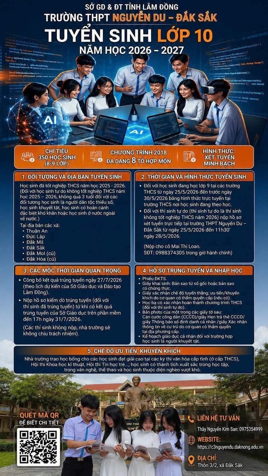TRƯỜNG THPT NGUYỄN DU – ĐẮK SẮK TUYỂN SINH LỚP 10 NĂM HỌC 2026 – 2027
