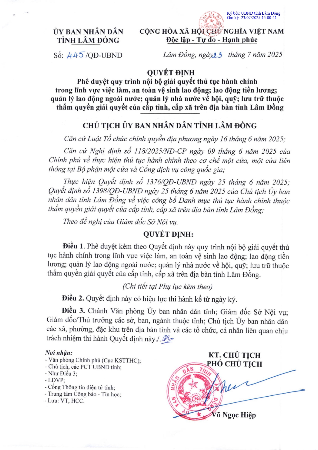 Phê duyệt quy trình nội bộ giải quyết thủ tục hành chính trong lĩnh vực việc làm, an toàn vệ sinh lao động; lao động tiền lương; quản lý lao động ngoài nước; quản lý nhà nước về hội, quỹ; lưu trữ thuộc thẩm quyền giải quyết của cấp tỉnh, cấp xã trên địa bàn tỉnh Lâm Đồng