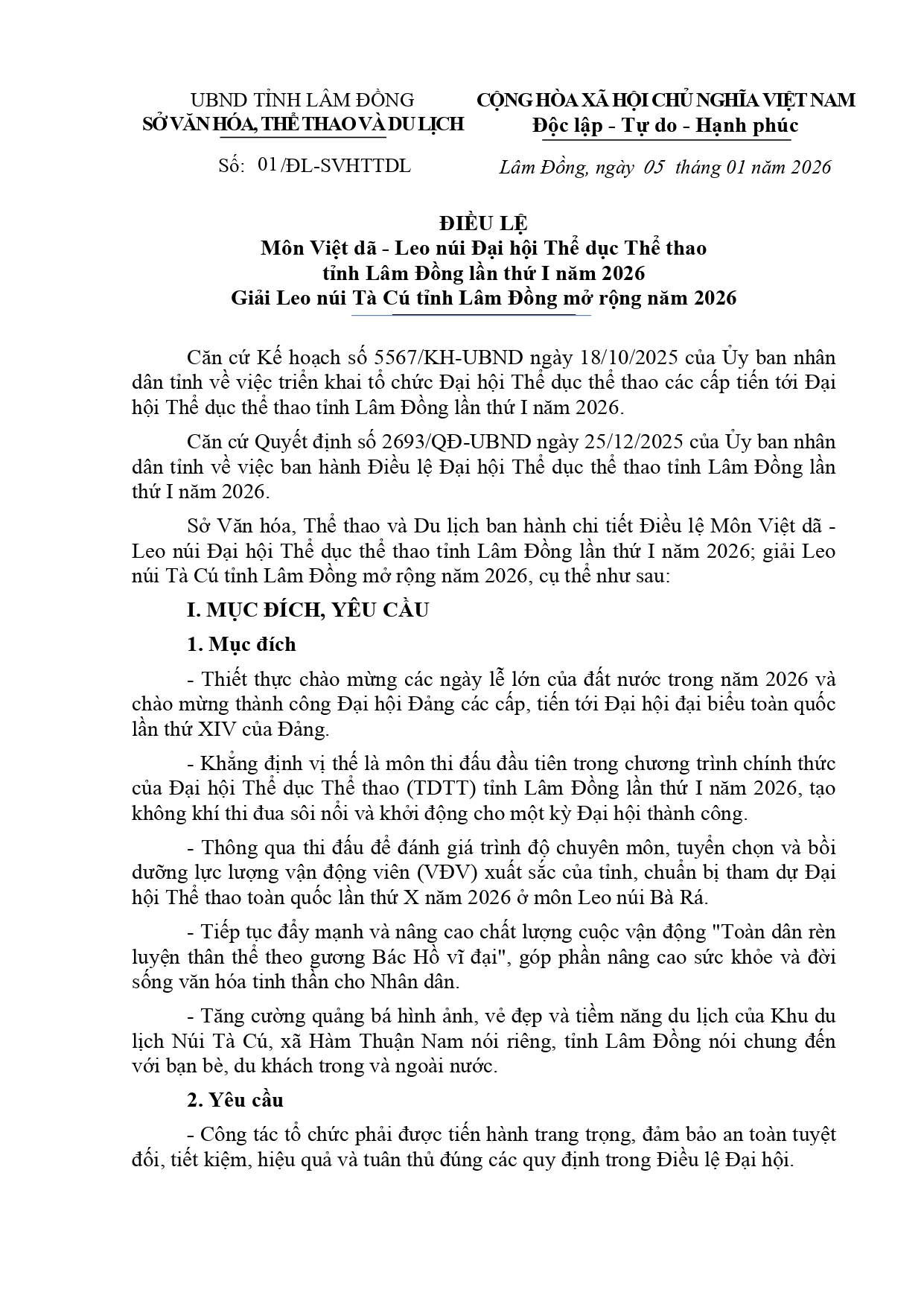 Điều lệ Giải Leo núi Tà Cú mở rộng lần thứ 28 - tỉnh Lâm Đồng mở rộng Môn Việt dã - Leo núi Đại hội Thể dục Thể thao tỉnh Lâm Đồng lần thứ I năm 2026