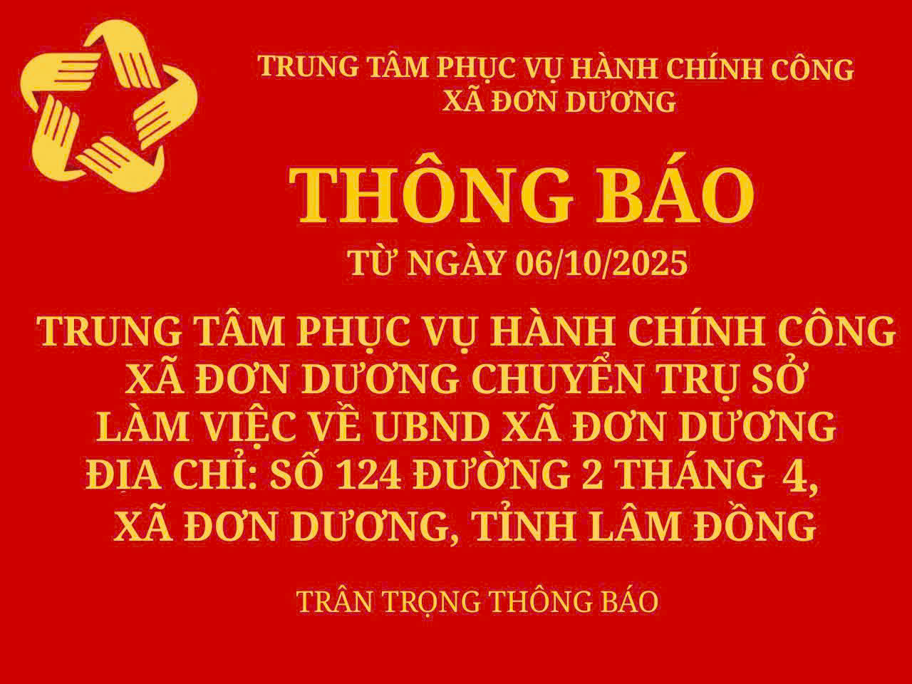 THÔNG BÁO - Về việc Trung Tâm Hành Chính Công chuyển trụ sở làm việc