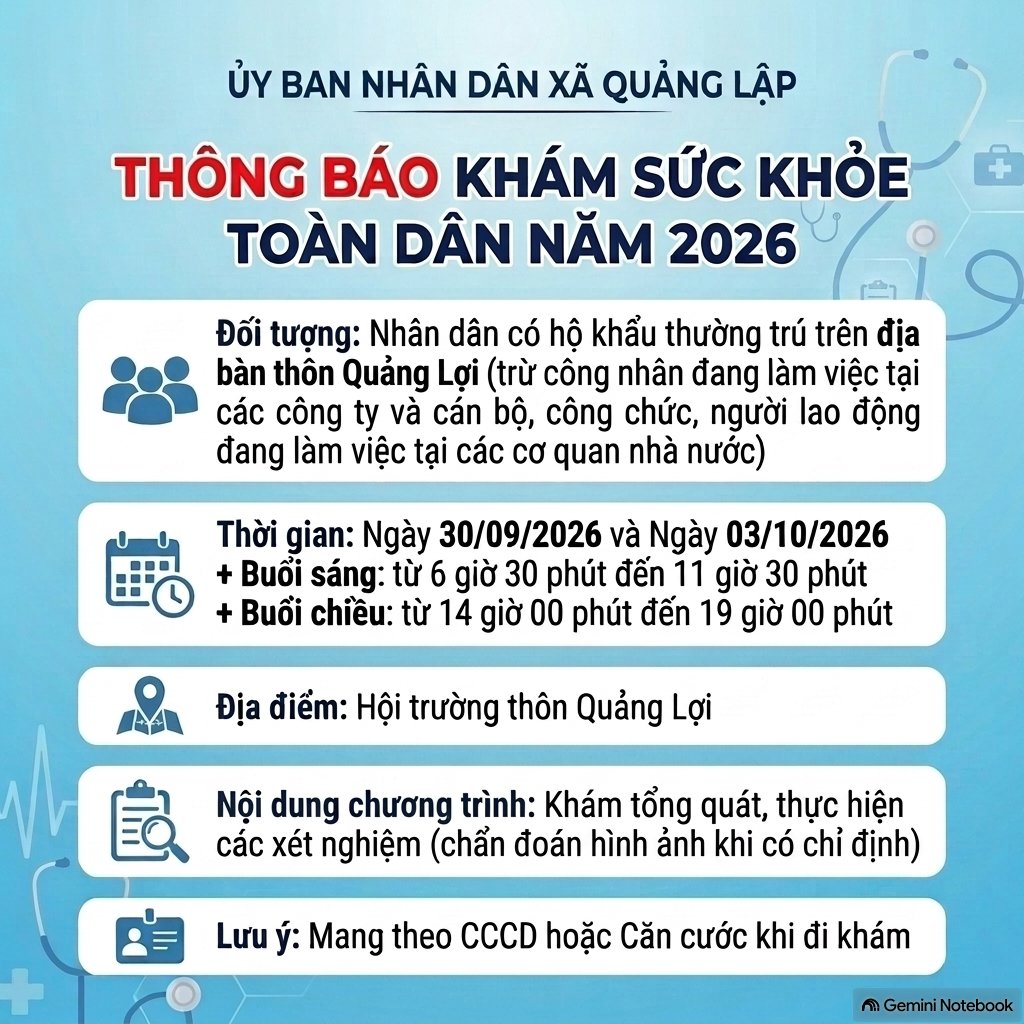 Thông báo khám sức khoẻ toàn dân năm 2026 trên địa bàn thôn Quảng Lợi