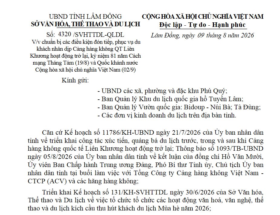 Lâm Đồng chuẩn bị các điều kiện đón tiếp, phục vụ khách du lịch nhân dịp Cảng hàng không quốc tế Liên Khương hoạt động trở lại và kỷ niệm các ngày lễ lớn