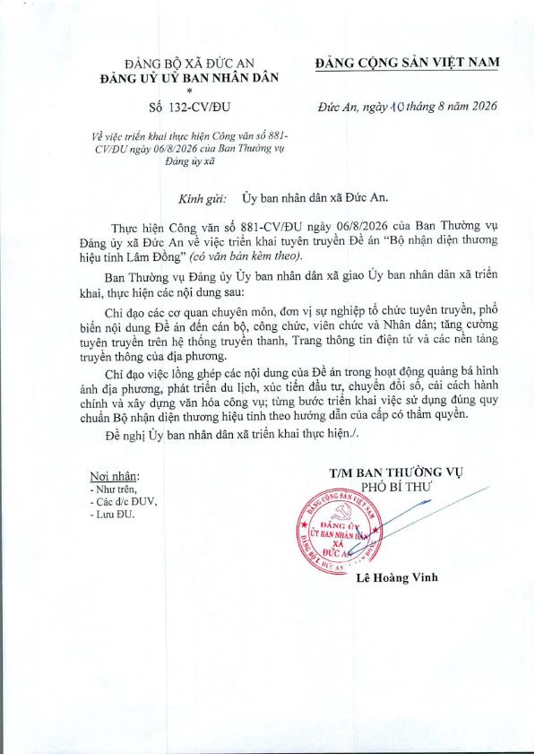 Công văn số 132-CV/ĐU về việc triển khai thực hiện tuyên truyền Đề án “Bộ nhận diện thương hiệu tỉnh Lâm Đồng”