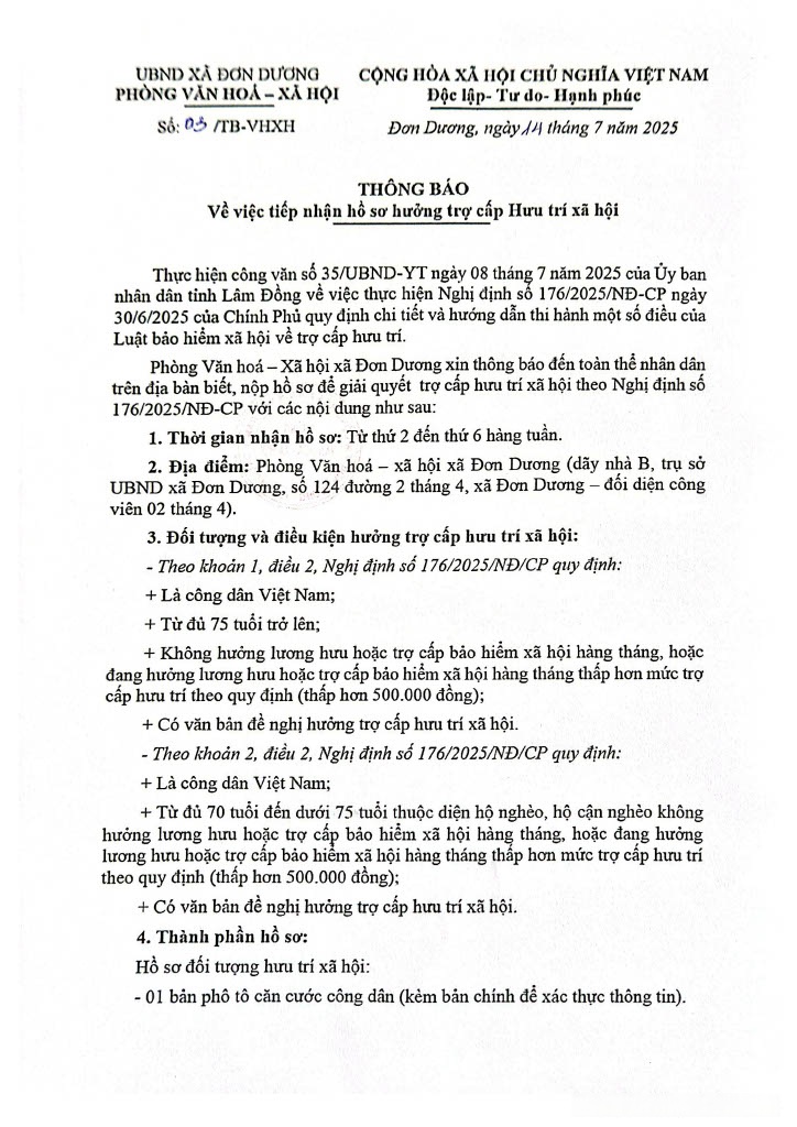 THÔNG BÁO VỀ VIỆC TIẾP NHẬN HỒ SƠ TRỢ CẤP HƯU TRÍ XÃ HỘI