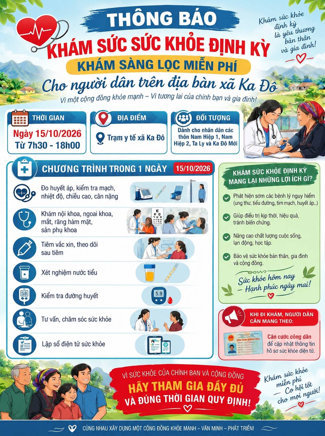 Thông báo khám sức khỏe định kỳ, khám sàng lọc miễn phí cho người dân trên địa bàn xã Ka Đô ngày 15/10/2026