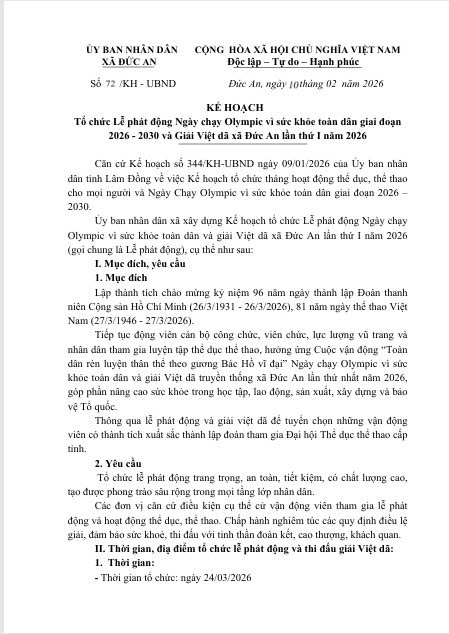 Tổ chức Lễ phát động Ngày chạy Olympic vì sức khỏe toàn dân giai đoạn 2026 - 2030 và Giải Việt dã xã Đức An lần thứ I năm 2026