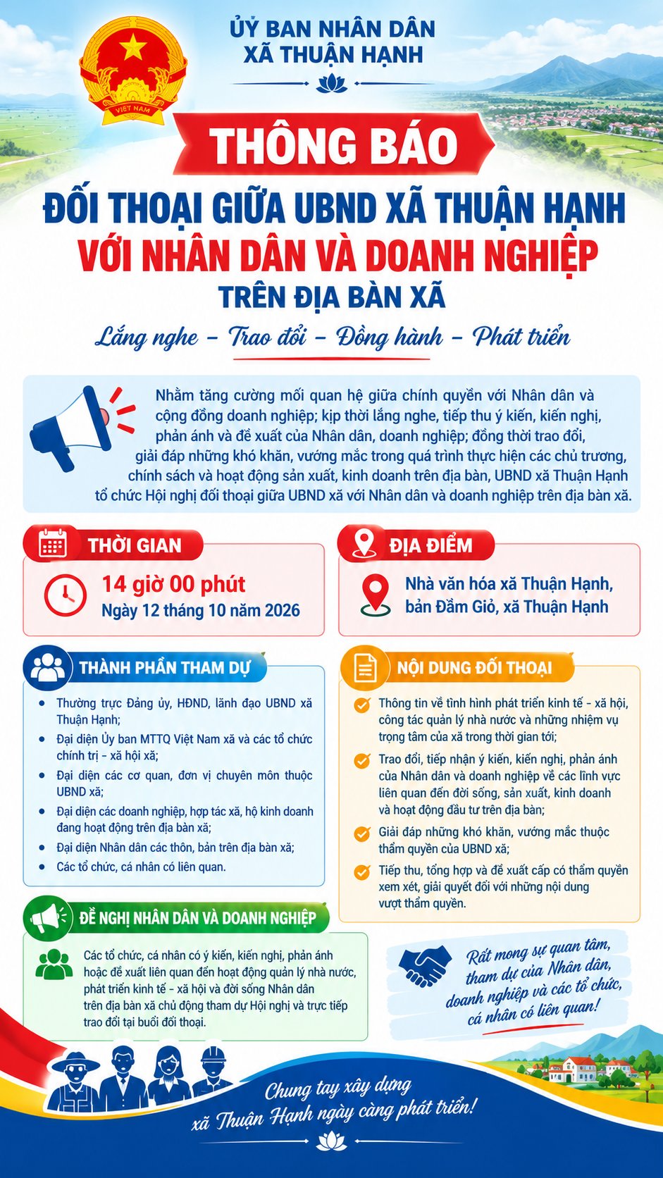 THÔNG BÁO Về việc tổ chức Hội nghị đối thoại giữa UBND xã Thuận Hạnh với Nhân dân và doanh nghiệp, hợp tác xã, hộ kinh doanh trên địa bàn 