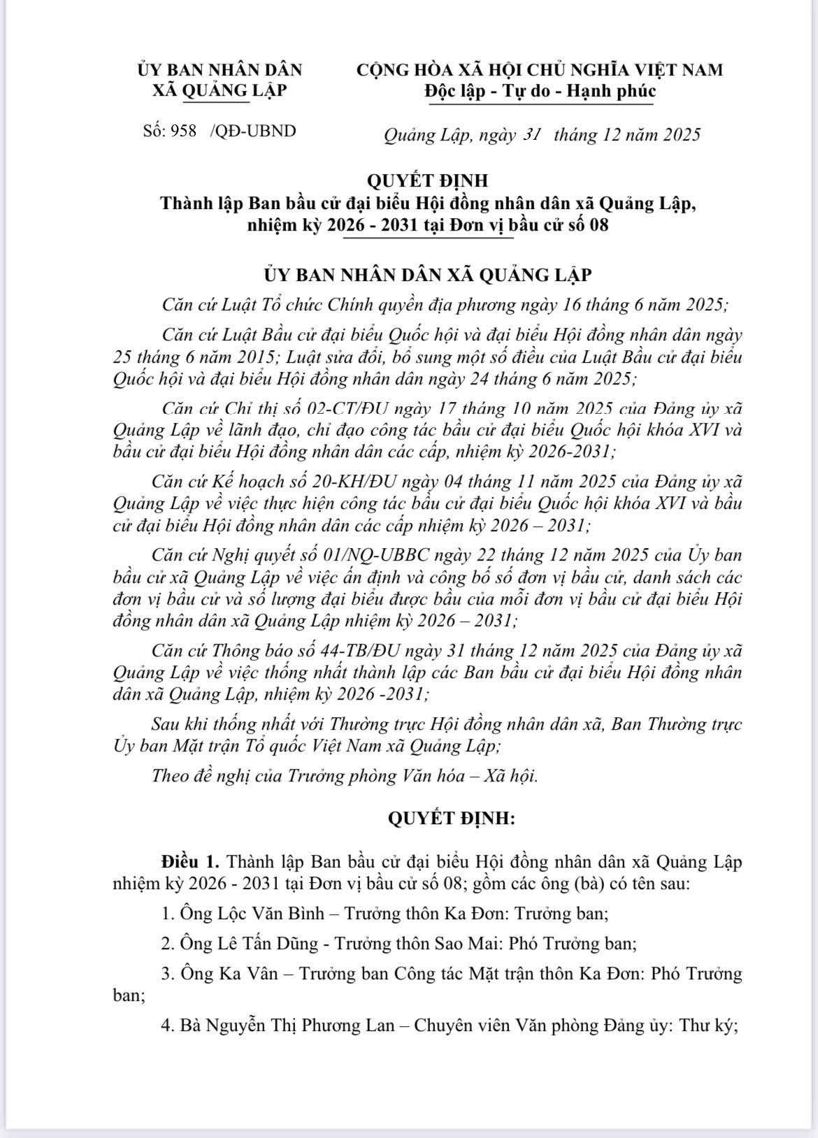 Quyết định thành lập Ban bầu cử đại biểu Hội đồng nhân dân xã Quảng Lập nhiệm kỳ 2026 - 2031 tại đơn vị bầu cử số 08