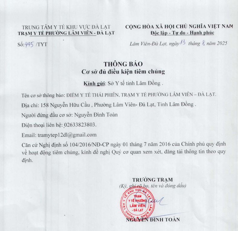 Thông báo cơ sở đủ điều kiện tiêm chủng - Điểm Y tế Quang Trung, Trạm Y Tế Phường Lâm Viên - Đà Lạt