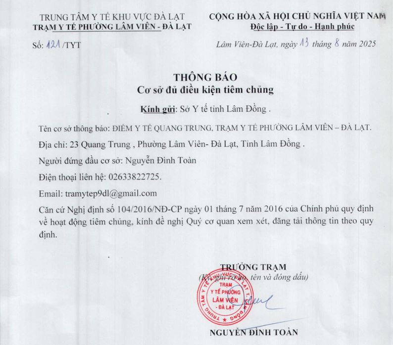 Thông báo cơ sở đủ điều kiện tiêm chủng - Điểm Y tế Thái Phiên, Trạm Y Tế Phường Lâm Viên - Đà Lạt