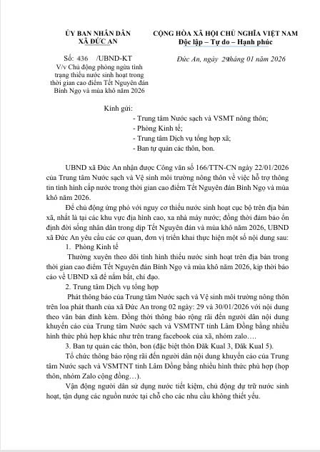 chủ động phòng ngừa tình trạng thiếu nước sinh hoạt trong thời gian cao điểm Tết Nguyên đán Bính Ngọ và mùa khô năm 2026