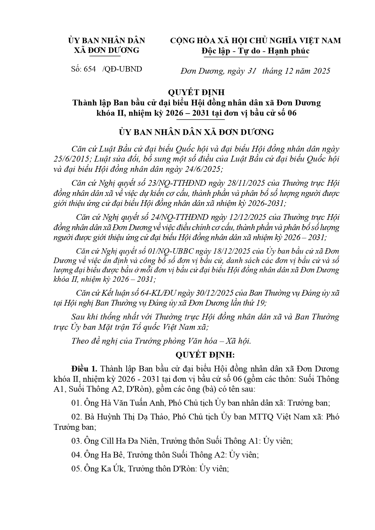 QUYẾT ĐỊNH - V/v thành lập Ban bầu cử đại biểu Hội đồng nhân dân xã Đơn Dương khoá II, nhiệm kỳ 2026-2031 tại đơn vị bầu cử số 06