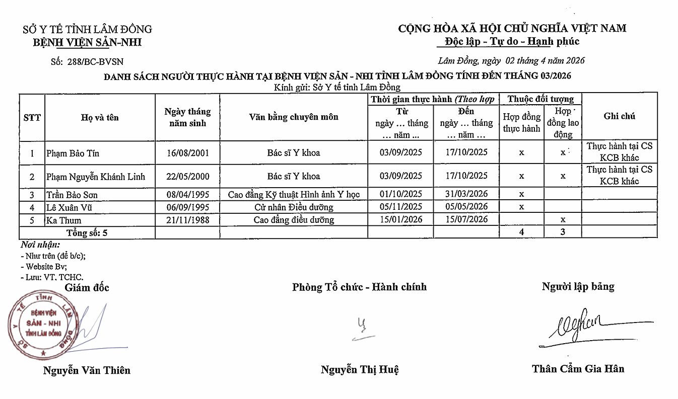 Danh sách người thực hành tại Bệnh viện Sản - Nhi tỉnh Lâm Đồng đến 03/2026