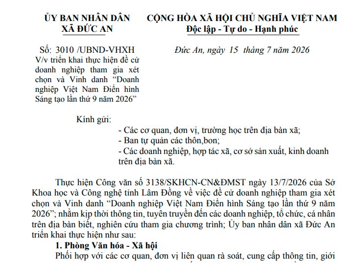 UBND Xã Đức An Triển Khai Chương Trình "Doanh nghiệp Việt Nam Điển hình Sáng tạo lần thứ 9 năm 2026"