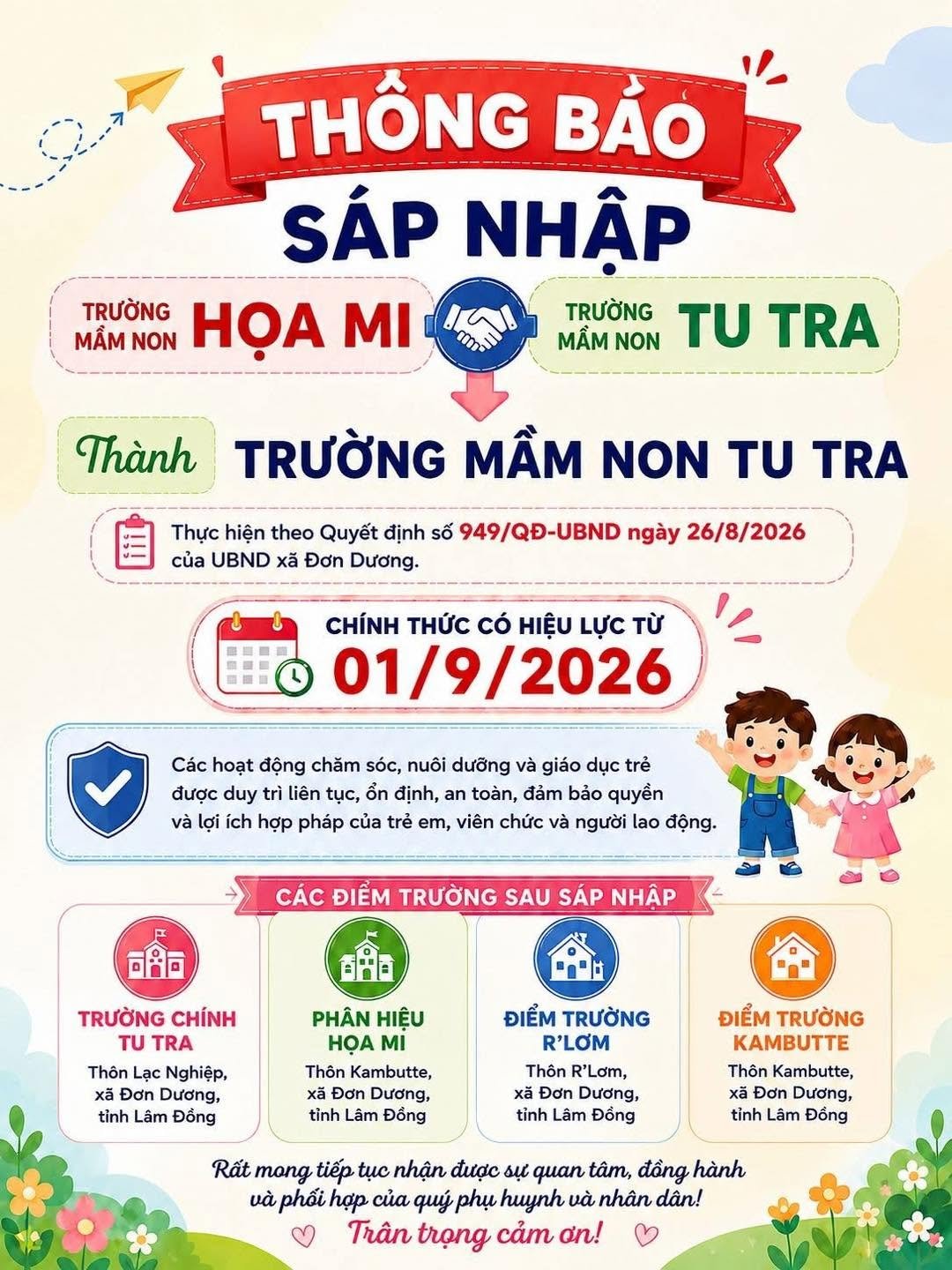 QUYẾT ĐỊNH Về việc thành lập Trường Mầm non Tu Tra trên cơ sở sáp nhập Trường Mầm non Tu Tra và Trường Mầm non Họa Mi