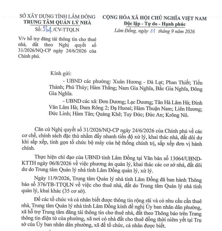 Thông báo về việc cho thuê nhà, đất do Trung tâm Quản lý nhà tỉnh Lâm Đồng quản lý, khai thác