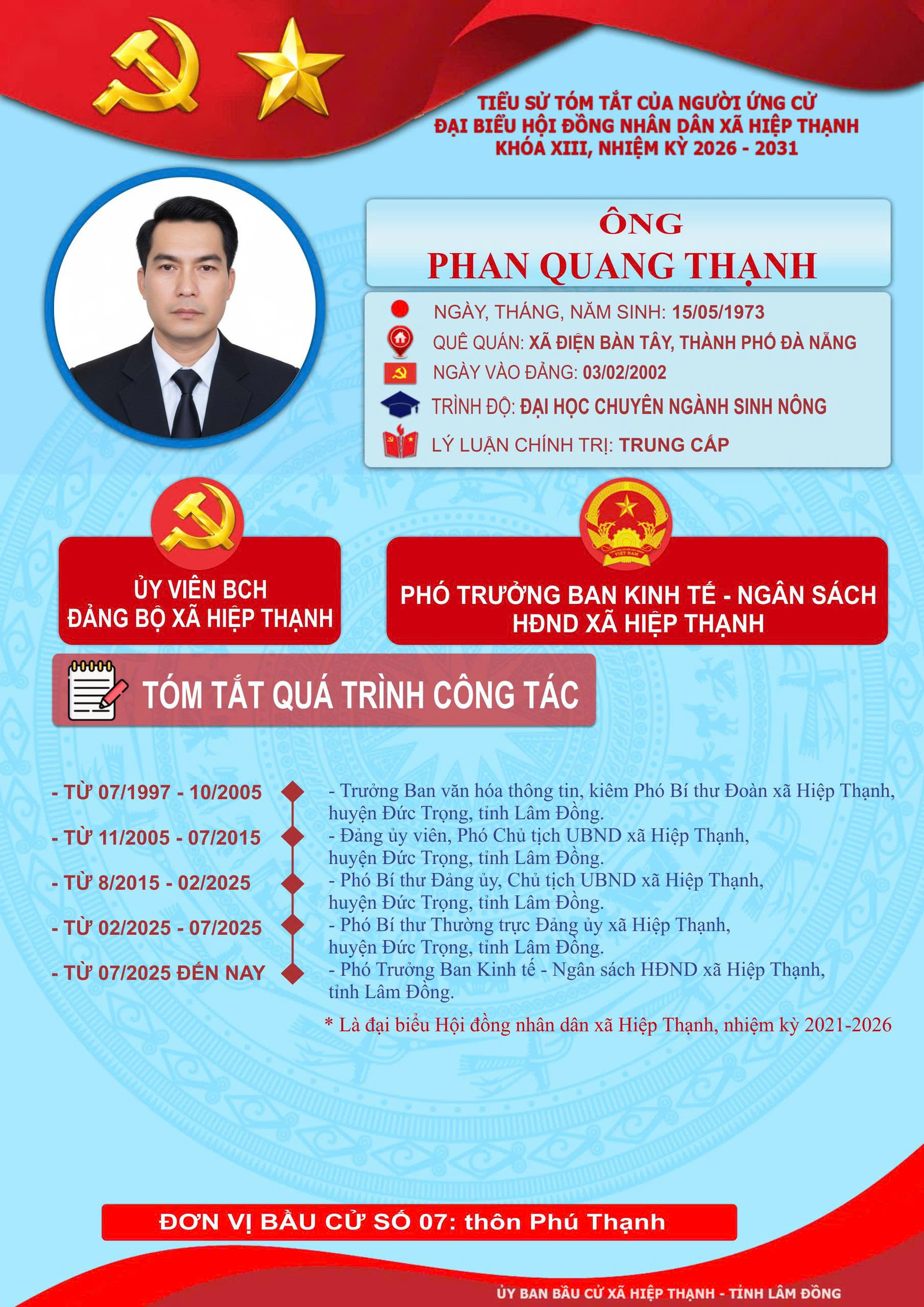 📄 TIỂU SỬ TÓM TẮT  Người ứng cử đại biểu Hội đồng nhân dân xã Hiệp Thạnh Khóa XIII, Nhiệm kỳ 2026 – 2031  📍 Đơn vị bầu cử số: 7