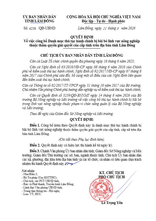 Lâm Đồng ban hành Quyết định số 4258/QĐ-UBND công bố Danh mục thủ tục hành chính bị bãi bỏ lĩnh vực nông nghiệp