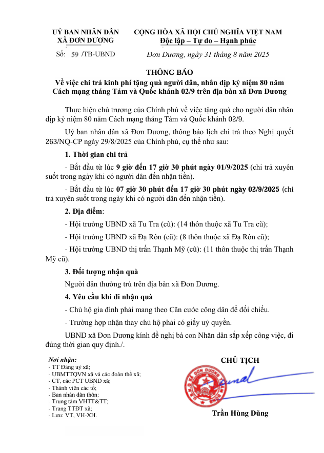 THÔNG BÁO - Về việc chi trả kinh phí tặng quà người dân, nhân dịp kỷ niệm 80 năm Cách mạng tháng Tám và Quốc khánh 02/9 trên địa bàn xã Đơn Dương 