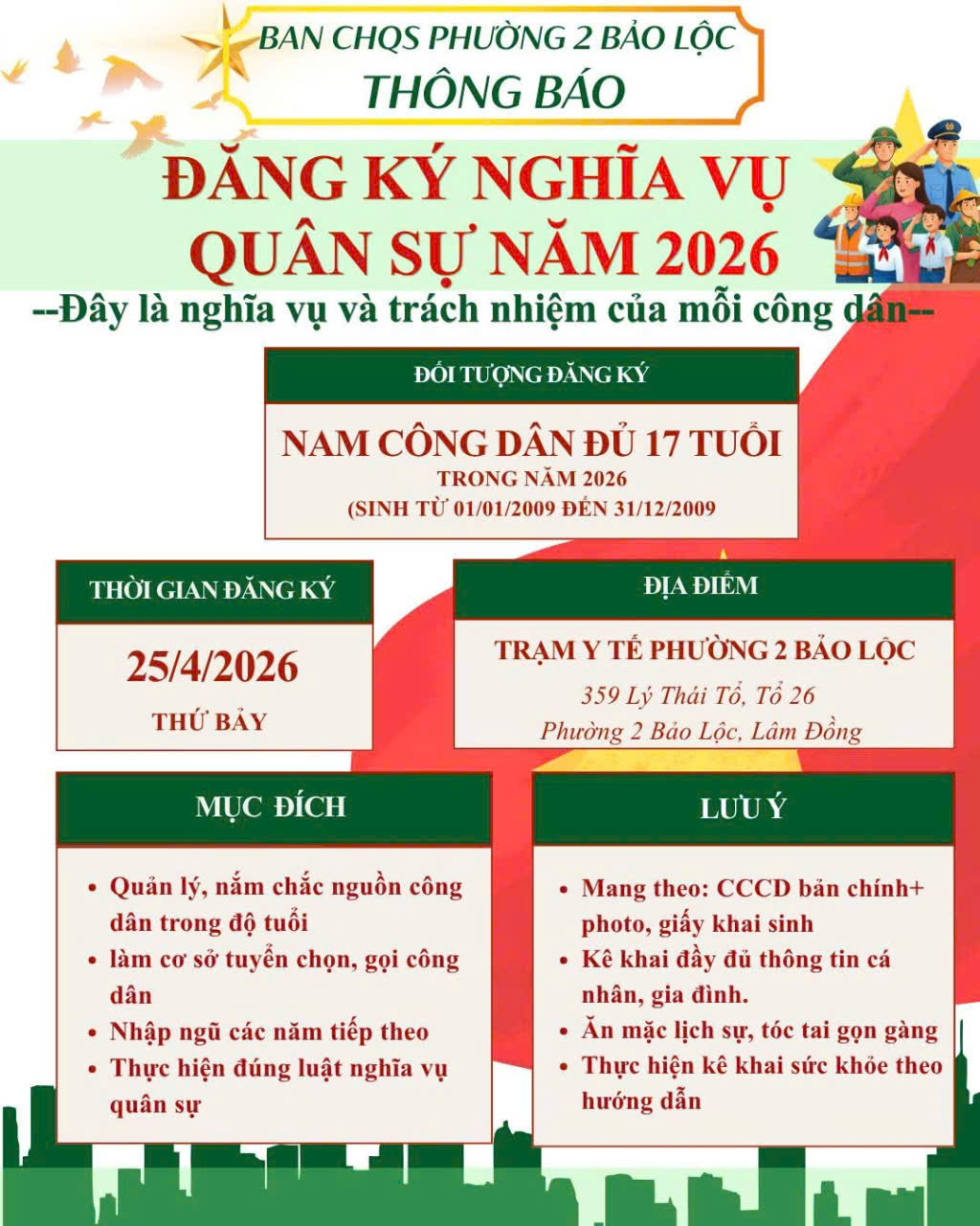 THÔNG BÁO ĐĂNG KÝ NGHĨA VỤ QUÂN SỰ NĂM 2026
