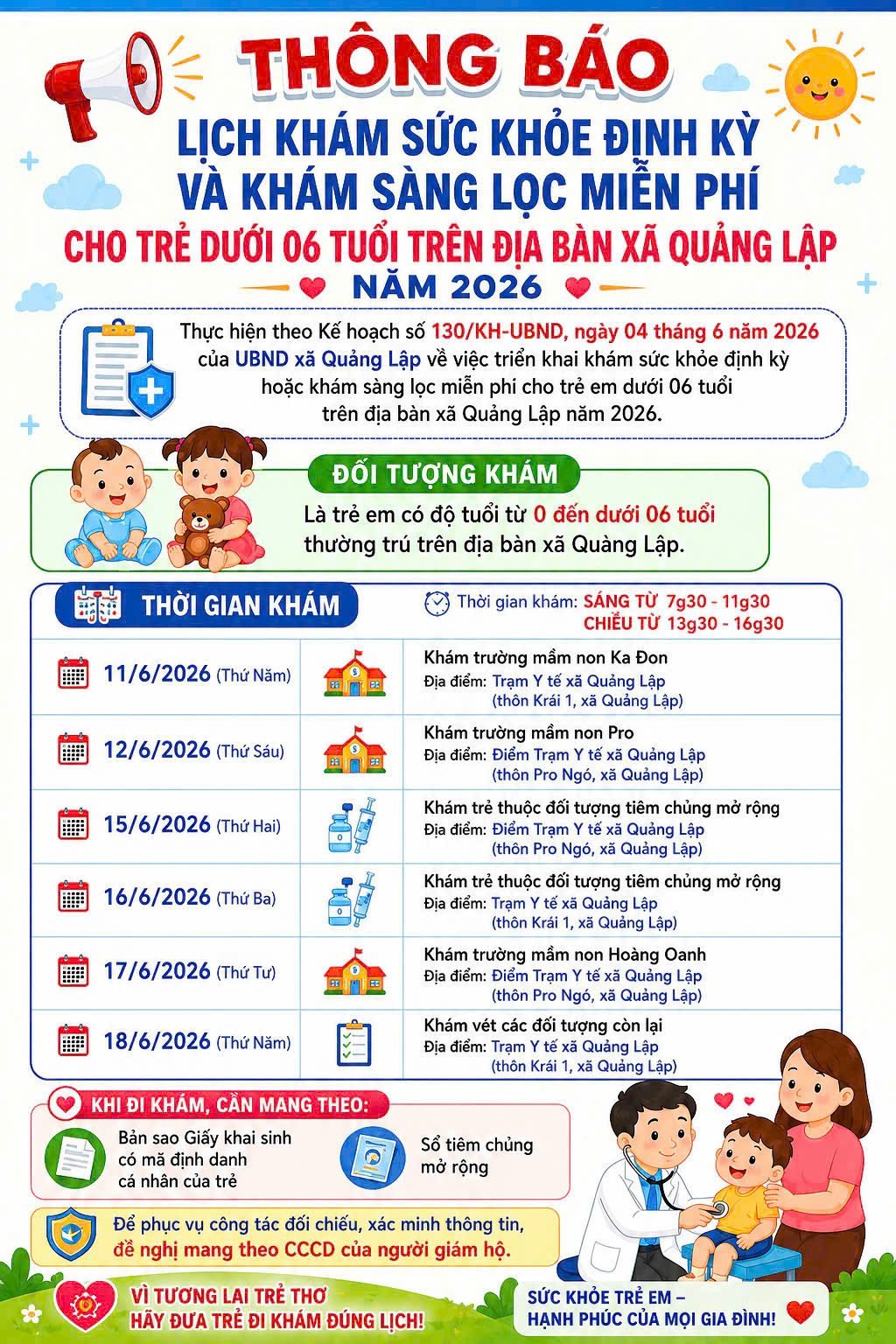 Thông báo lịch khám sức khoẻ định kỳ và khám sàng lọc miễn phí cho trẻ em dưới 6 tuổi trên địa bàn xã Quảng Lập năm 2026
