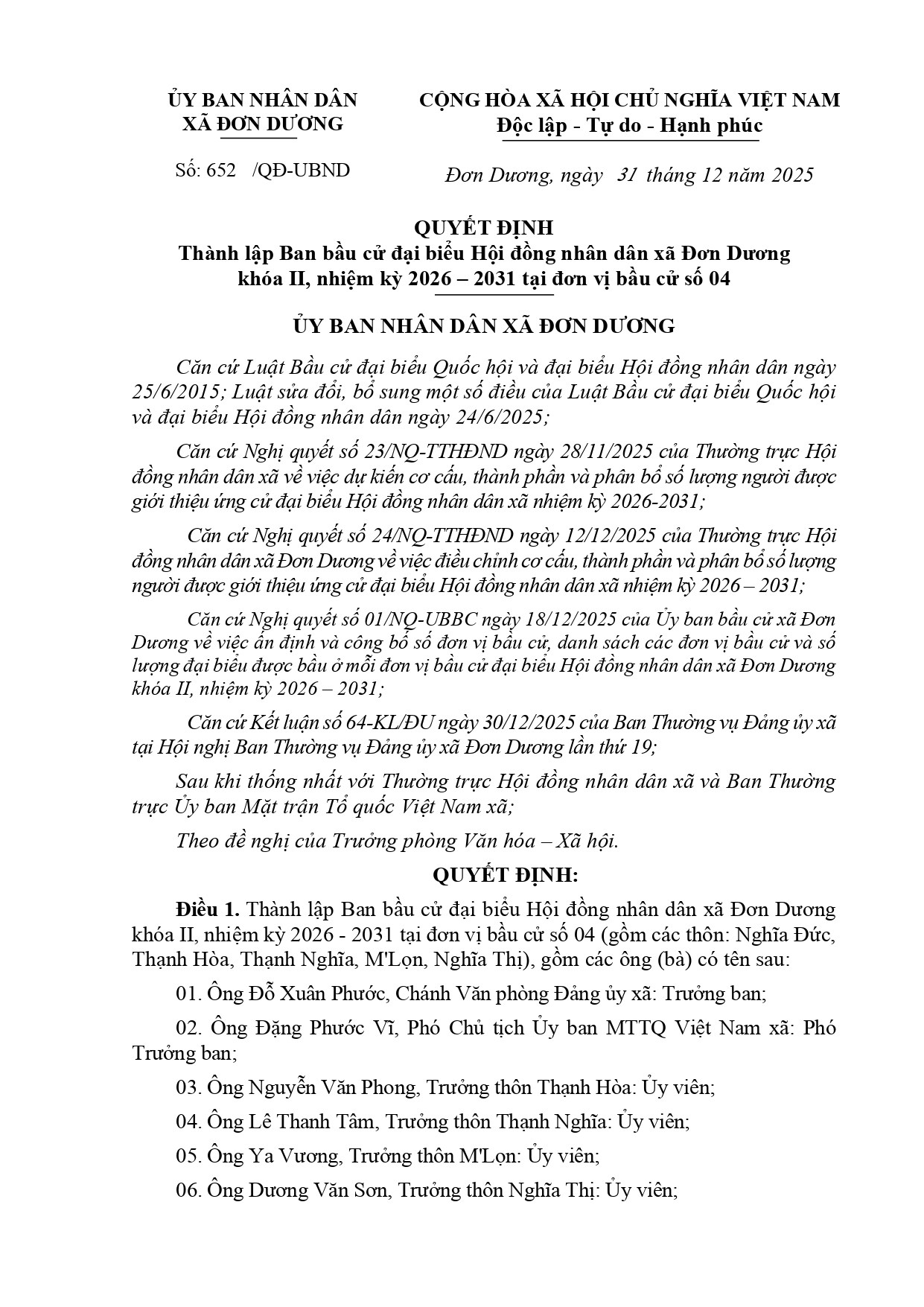 QUYẾT ĐỊNH - V/v thành lập Ban bầu cử đại biểu Hội đồng nhân dân xã Đơn Dương khoá II, nhiệm kỳ 2026-2031 tại đơn vị bầu cử số 04
