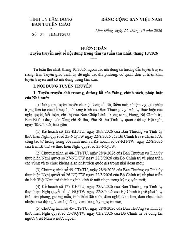 Hướng dẫn tuyên truyền một số nội dung trọng tâm từ tuần thứ nhất, tháng 10/2026