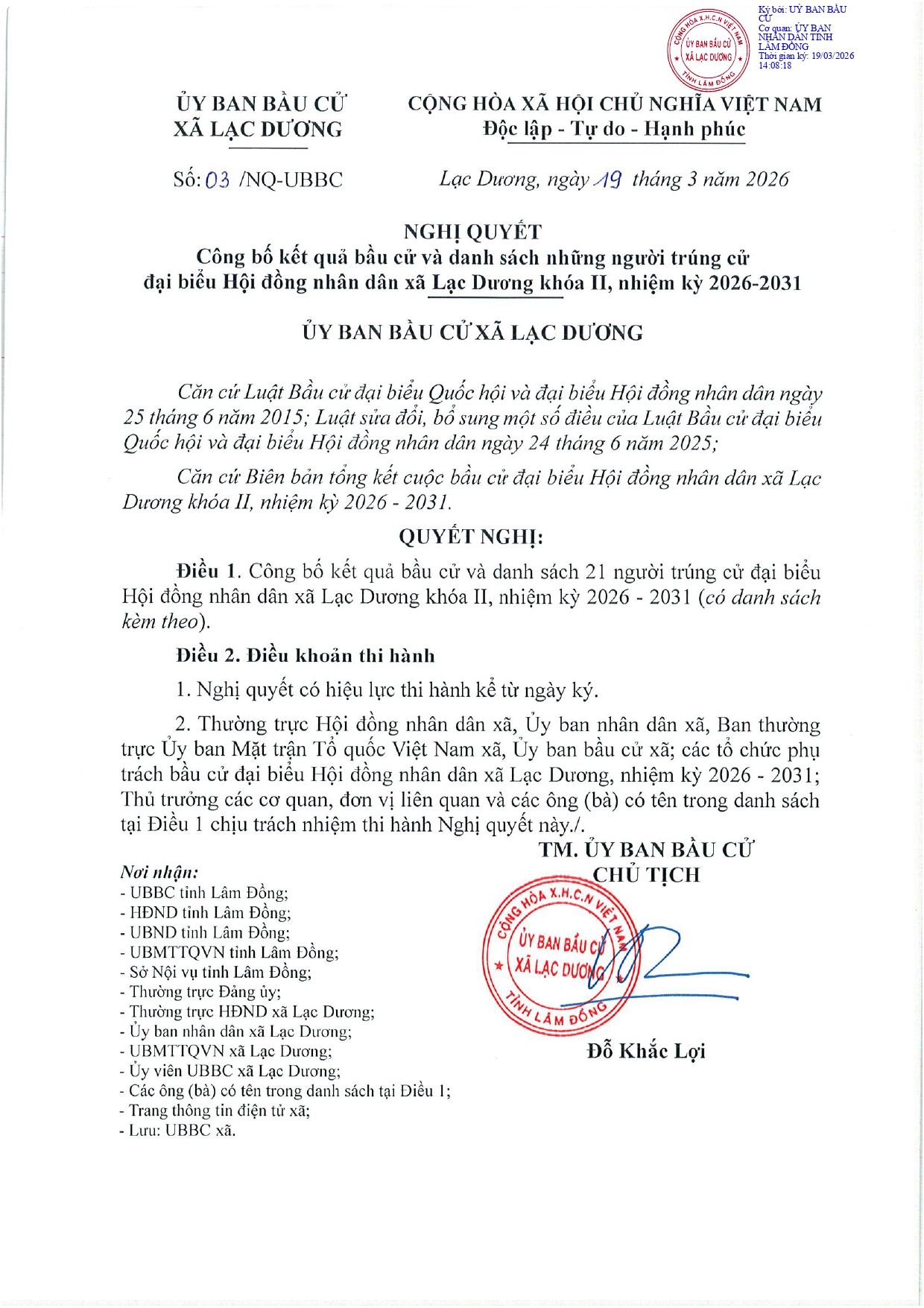 XÃ LẠC DƯƠNG CÔNG BỐ KẾT QUẢ BẦU CỬ VÀ DANH SÁCH NHỮNG NGƯỜI TRÚNG CỬ ĐẠI BIỂU HĐND XÃ LẠC DƯƠNG KHOÁ II, NHIỆM KỲ 2026-2031