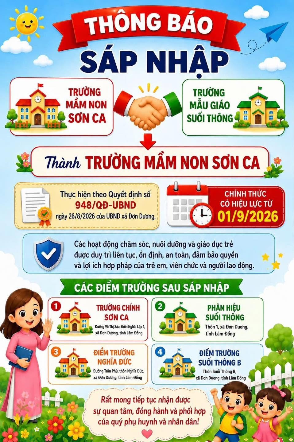 QUYẾT ĐỊNH Về việc thành lập Trường Mầm non Sơn Ca trên cơ sở sáp nhập Trường Mầm non Sơn Ca và Trường Mẫu giáo Suối Thông