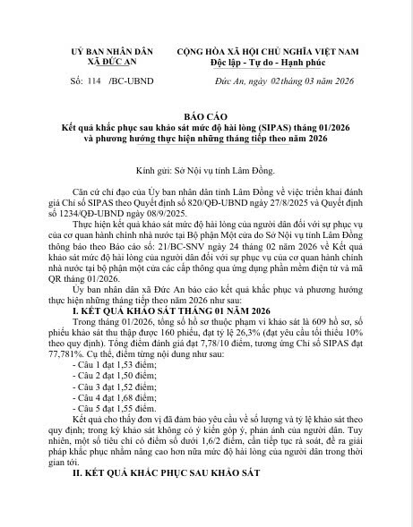 Báo cáo kết quả khắc phục sau khảo sát mức độ hài lòng (SIPAS) tháng 01/2026 và phương hướng thực hiện những tháng tiếp theo năm 2026