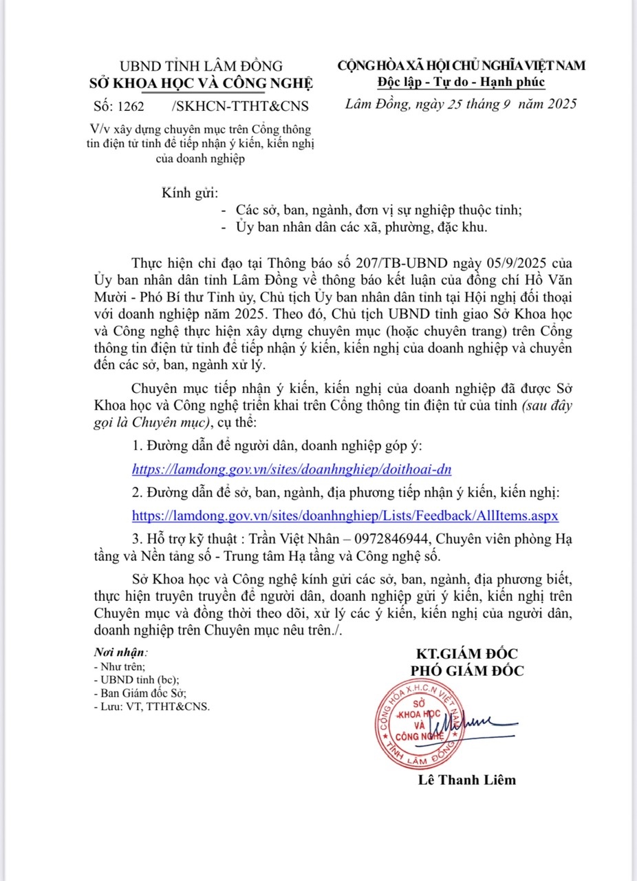 V/v xây dựng chuyên mục trên Cổng thông tin điện tử tỉnh để tiếp nhận ý kiến, kiến nghị của doanh nghiệp