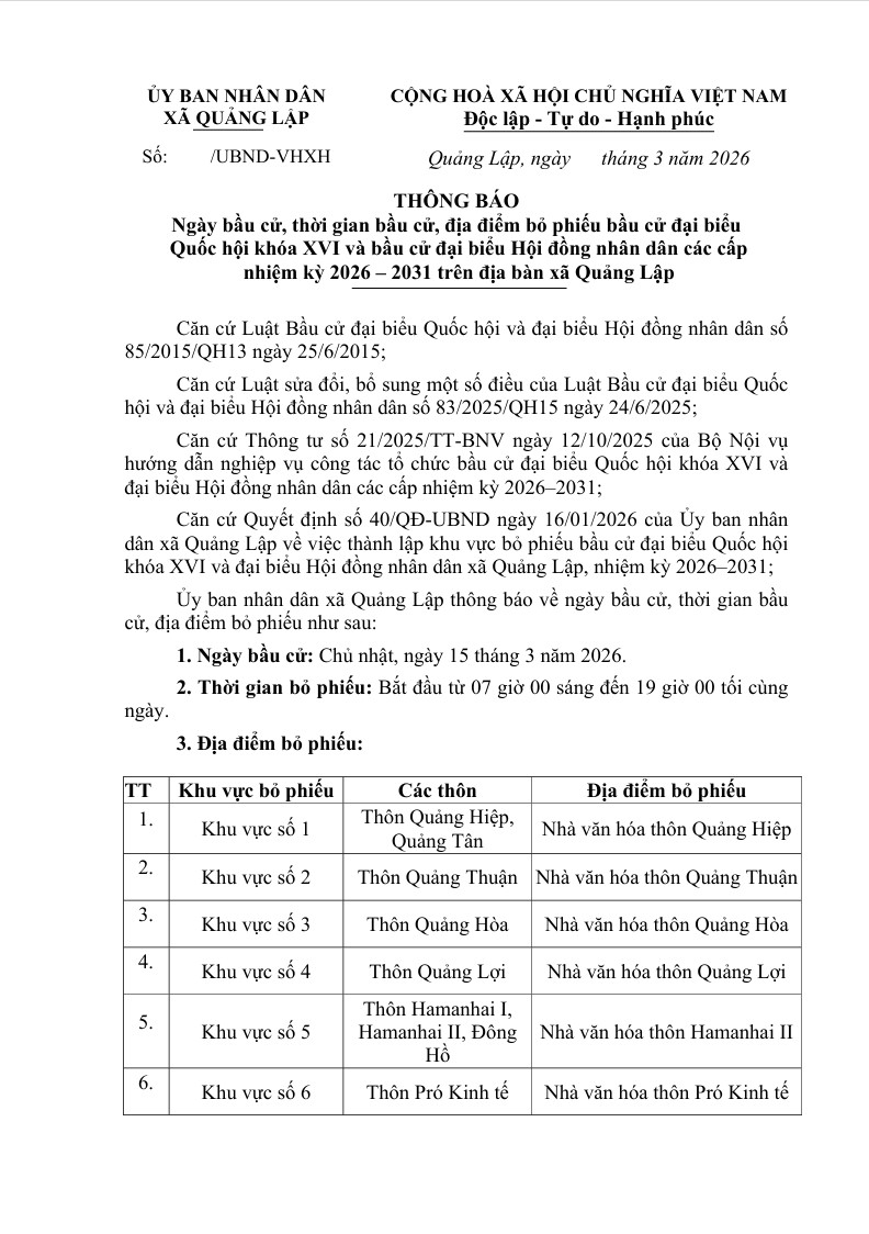 Thông báo Ngày bầu cử, thời gian bầu cử, địa điểm bỏ phiếu bầu cử đại biểu Quốc hội khoá XVI và bầu cử đại biểu HĐND các cấp nhiệm kỳ 2026-2031 trên địa bàn xã Quảng Lập