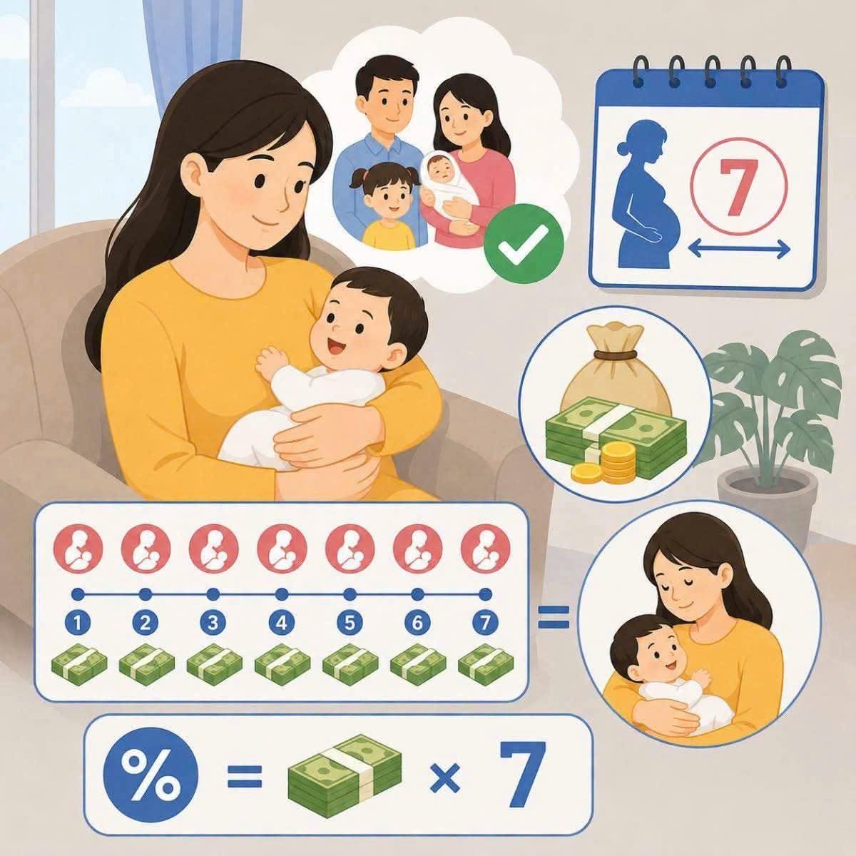 SINH CON THỨ HAI ĐƯỢC NGHỈ THAI SẢN 7 THÁNG: THÁNG THỨ 7 CÓ ĐƯỢC HƯỞNG TIỀN BHXH KHÔNG?