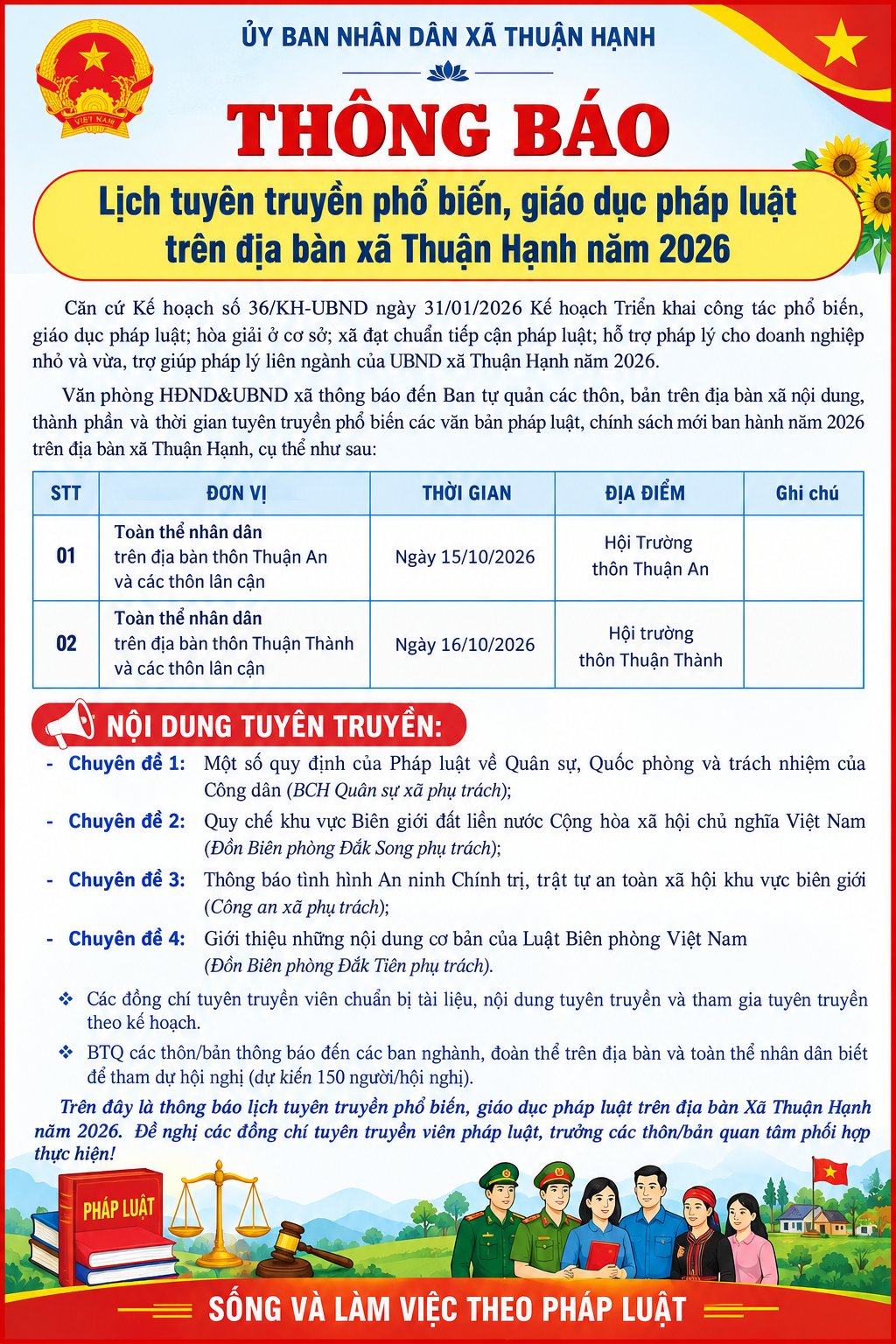 THÔNG BÁO LỊCH TUYÊN TRUYỀN PHỔ BIẾN, GIÁO DỤC PHÁP LUẬT