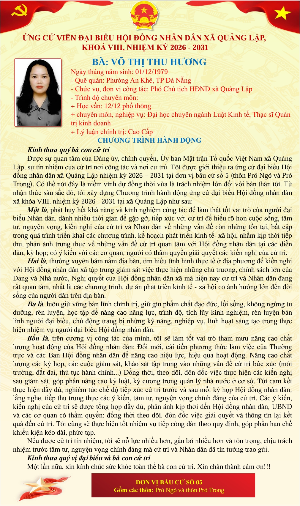 Chương trình hành động của các ứng cử viên Đại biểu hội đồng Nhân dân xã Quảng Lập khoá VIII, nhiệm kỳ 2026-2031, đơn vị bầu cử số 05 gồm các thôn: Pró Ngó và Pró Trong