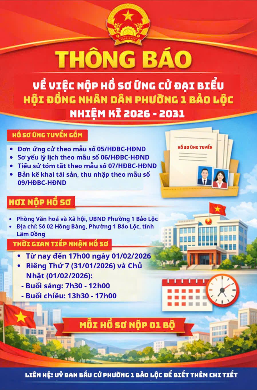 Thông báo Về việc nộp hồ sơ ứng cử đại biểu Hội đồng nhân dân Phường 1 Bảo Lộc, nhiệm kỳ 2026 - 2031