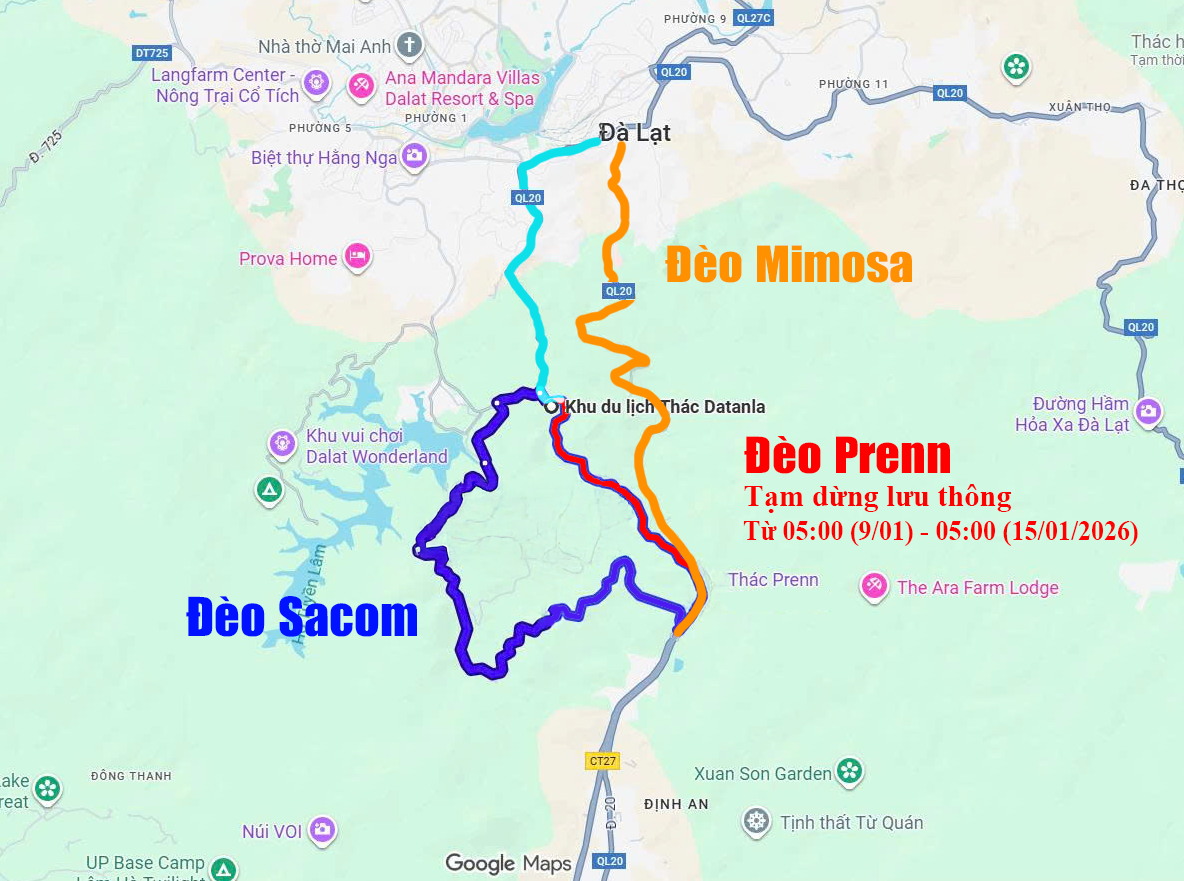 Từ ngày 9 - 15/1, tạm ngưng lưu thông một đoạn trên đèo Prenn để khắc phục sạt trượt