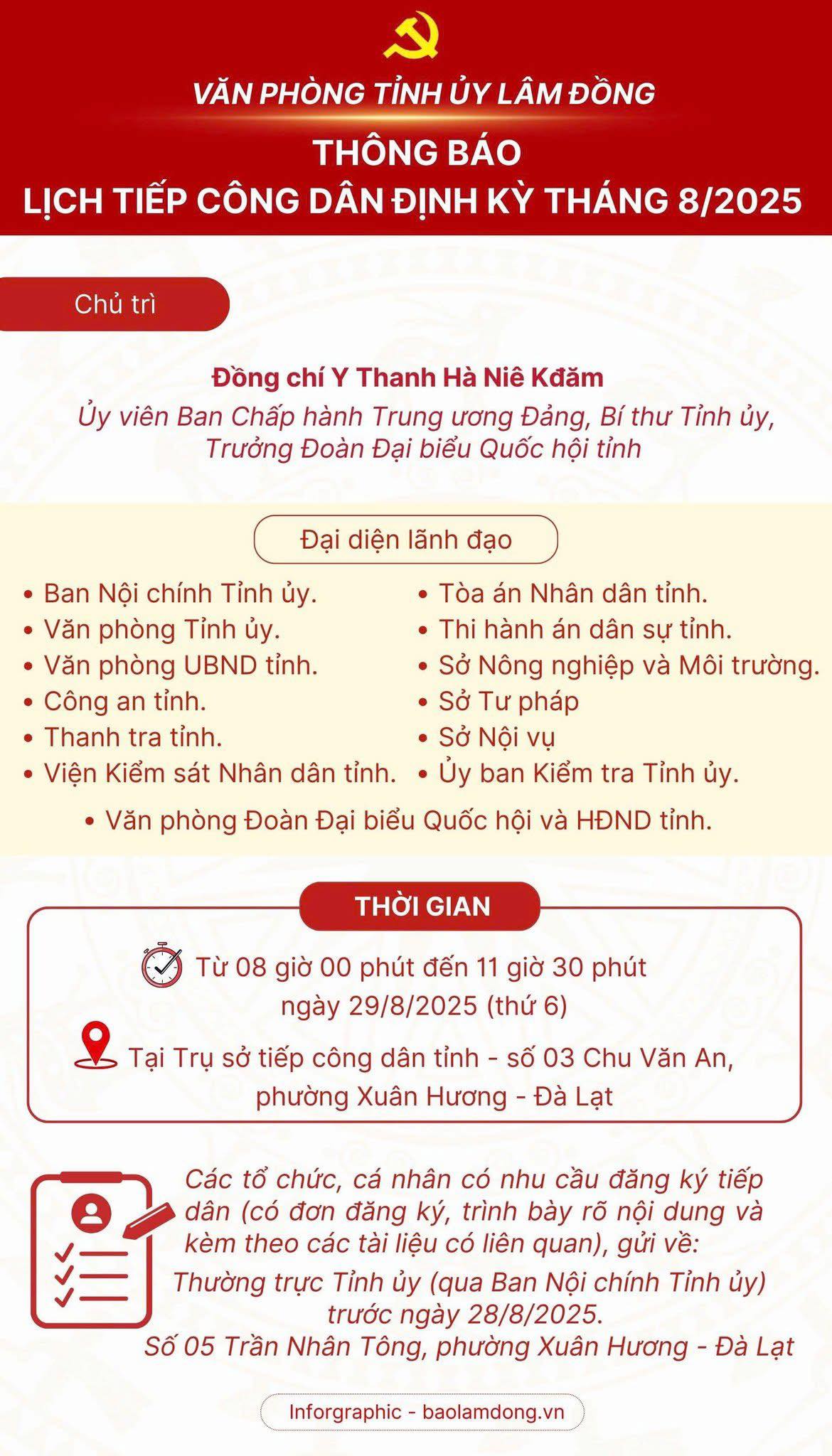 Thông báo lịch tiếp công dân định kỳ tháng 8/2025 của lãnh đạo tỉnh Lâm Đồng.