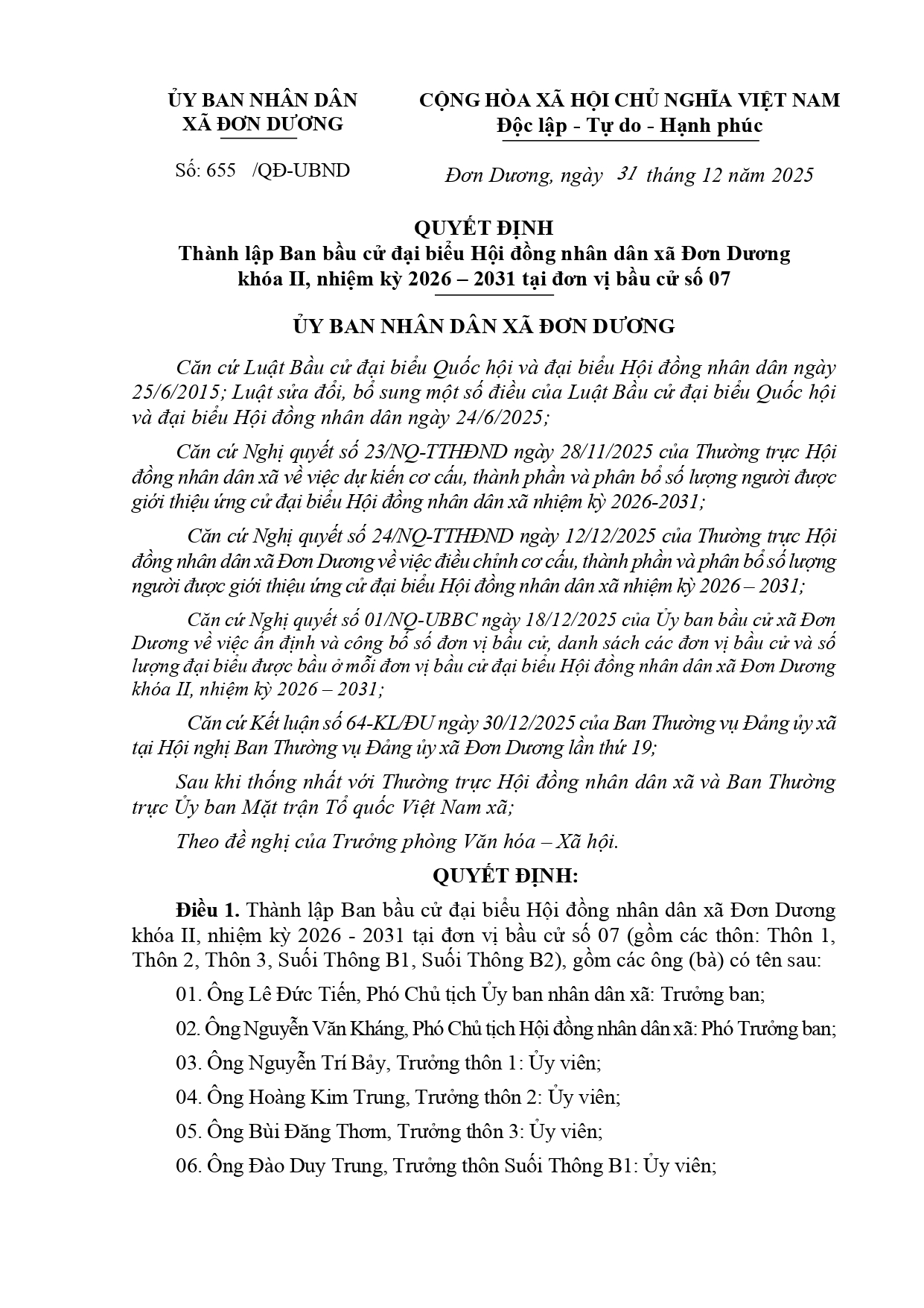 QUYẾT ĐỊNH - V/v thành lập Ban bầu cử đại biểu Hội đồng nhân dân xã Đơn Dương khoá II, nhiệm kỳ 2026-2031 tại đơn vị bầu cử số 07