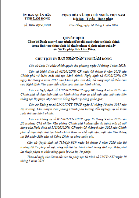 công khai các thủ tục theo Quyết định số 1026/QĐ-UBND ngày 24/3/2026 của UBND tỉnh Lâm Đồng 