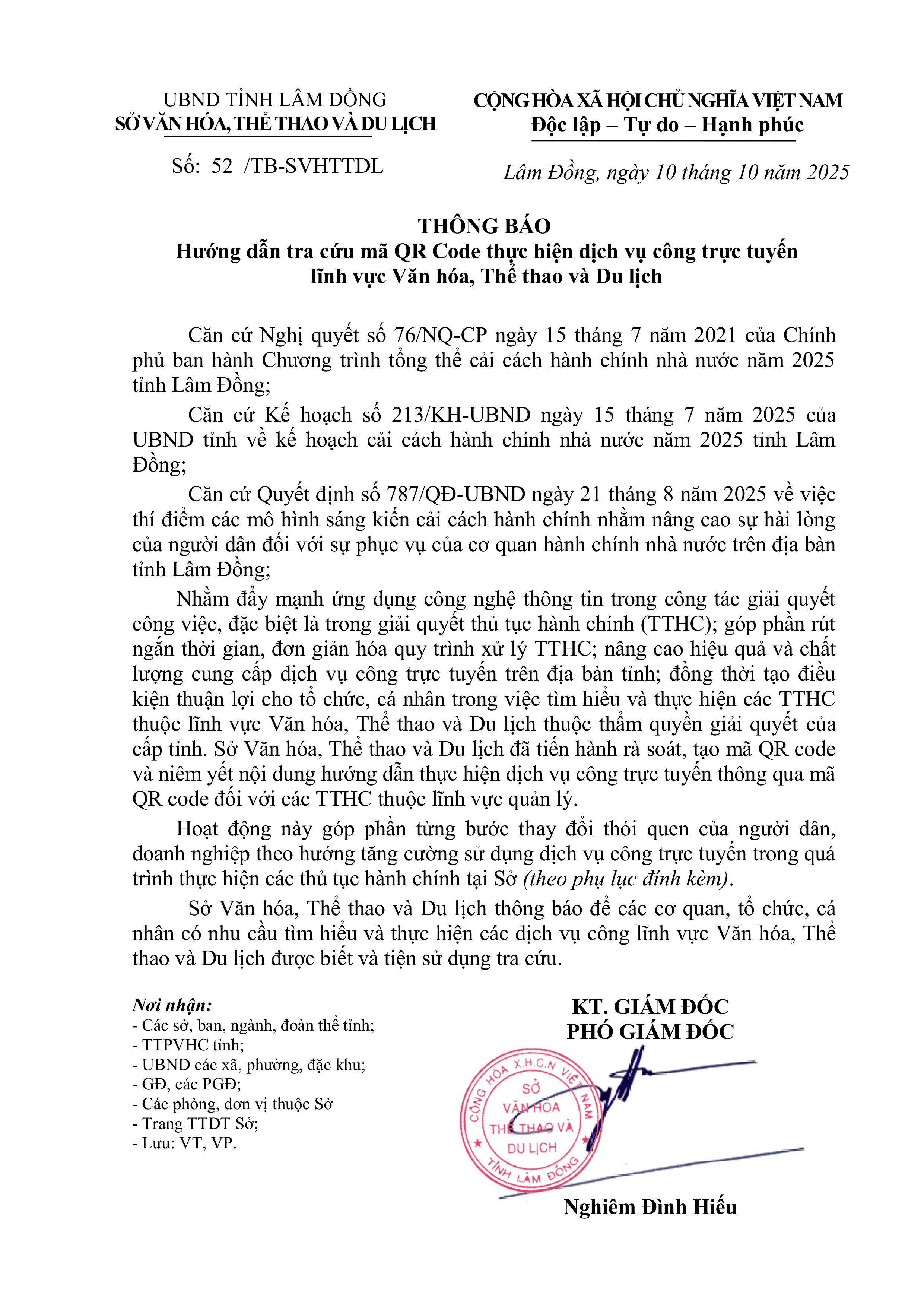 THÔNG BÁO - Hướng dẫn tra cứu mã QR Code thực hiện dịch vụ công trực tuyến lĩnh vực Văn hoá, Thể thao và Du lịch