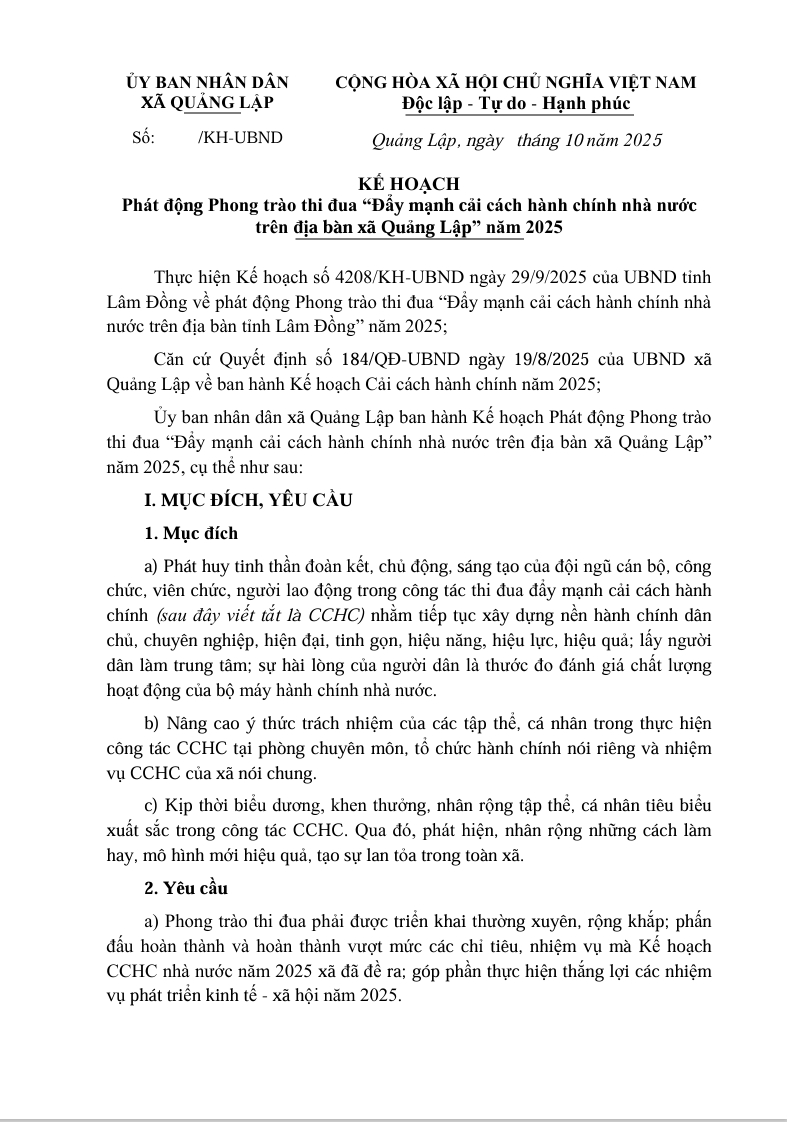 Kế hoạch phát động phong trào thi đua "Đẩy mạnh cải cách hành chính nhà nước trên địa bàn xã Quảng Lập" năm 2025