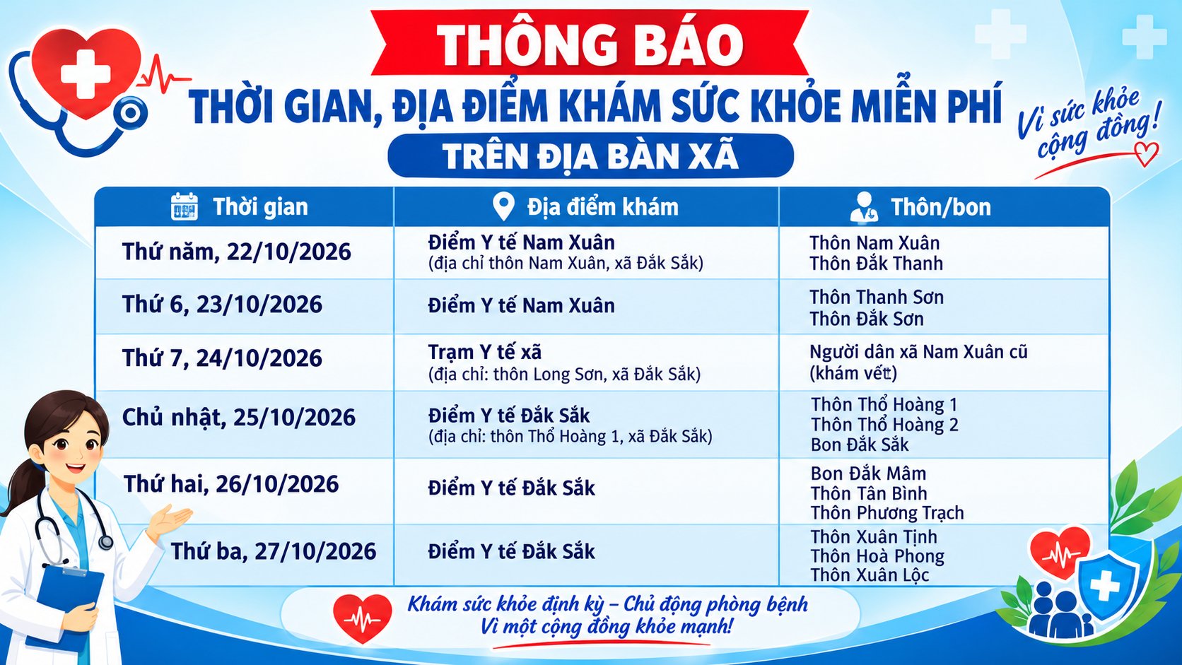 XÃ ĐẮK SẮK THÔNG BÁO LỊCH KHÁM SỨC KHỎE ĐỊNH KỲ VÀ KHÁM SÀNG LỌC MIỄN PHÍ CHO NGƯỜI DÂN NĂM 2026