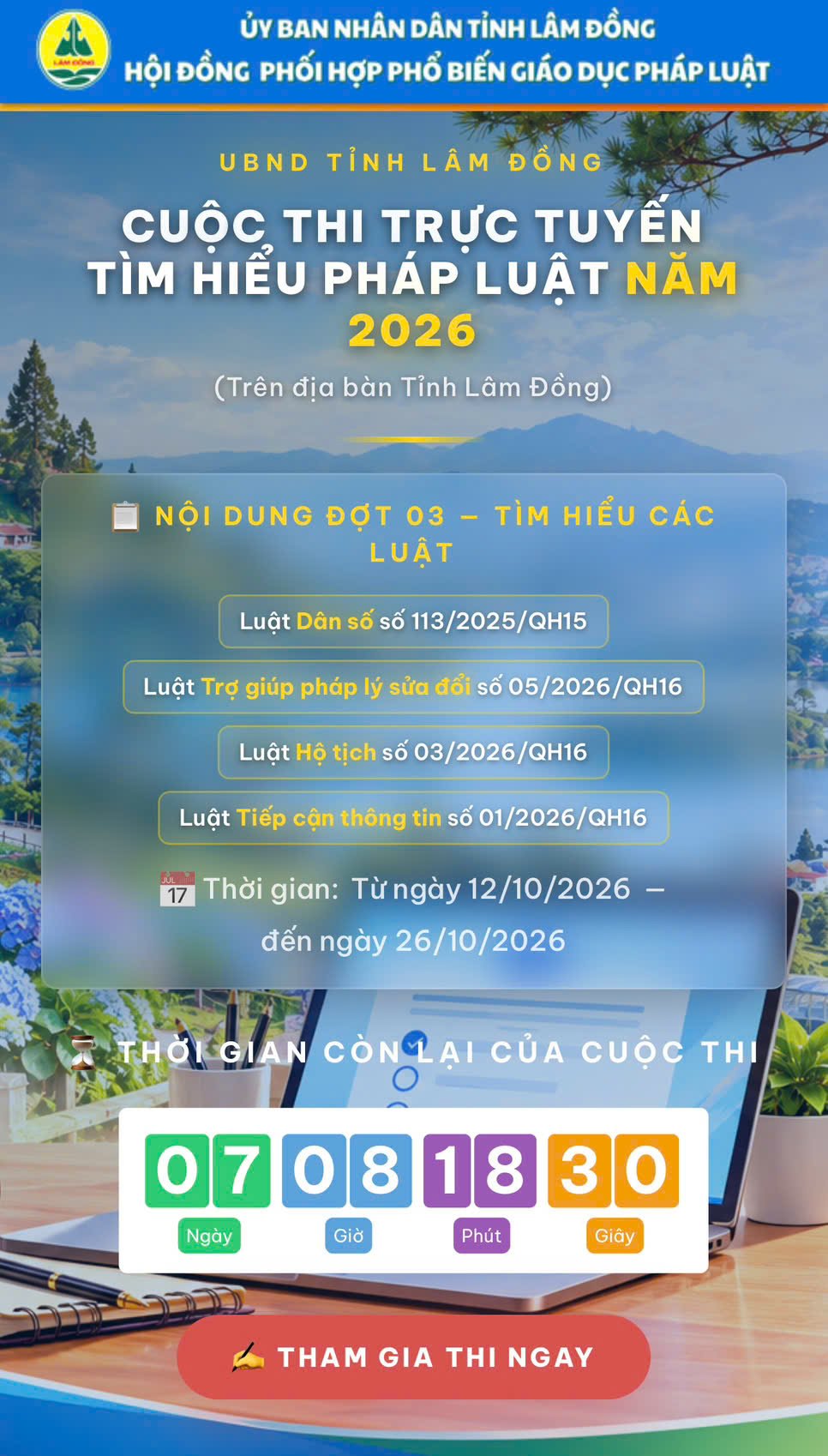 LÂM ĐỒNG: PHÁT ĐỘNG CUỘC THI TRỰC TUYẾN TÌM HIỂU PHÁP LUẬT NĂM 2026 – ĐỢT 03