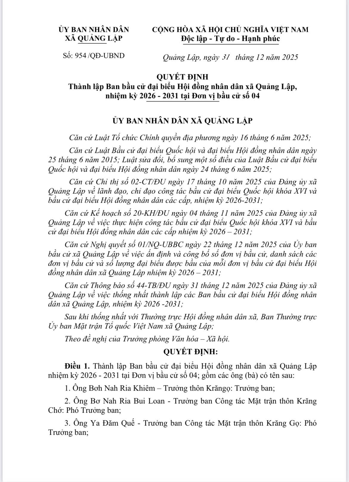 Quyết định thành lập Ban bầu cử đại biểu Hội đồng nhân dân xã Quảng Lập nhiệm kỳ 2026 - 2031 tại đơn vị bầu cử số 04