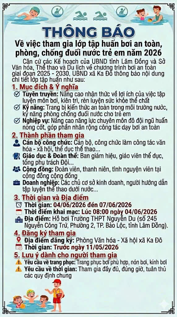 Thông báo về việc tập huấn bơi an toàn, phòng, chống đuối nước ở trẻ em năm 2026